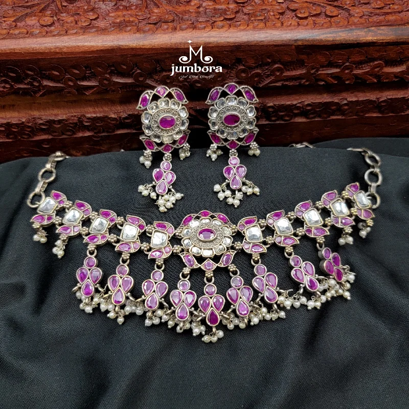 Silver Look Alike Oxidized German Silver Kundan Necklace in Ruby Red