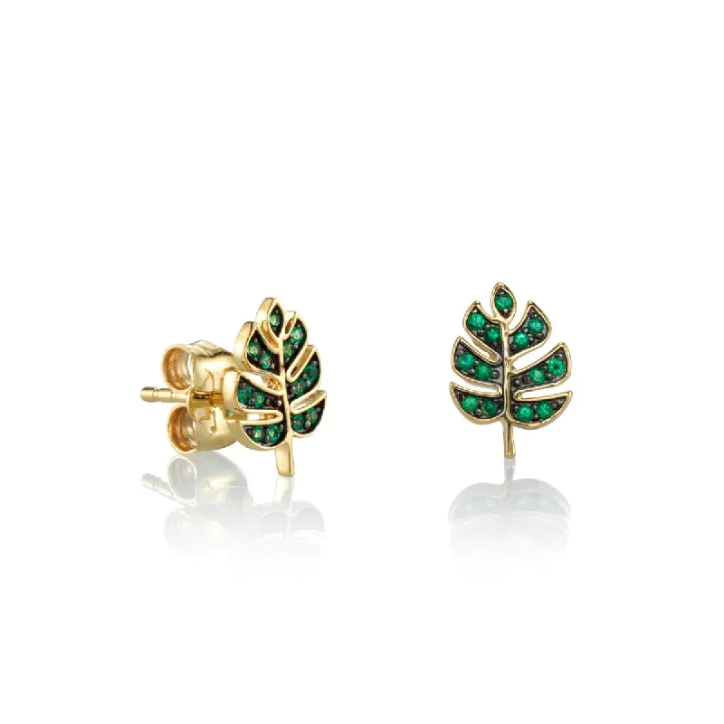 Gold & Emerald Tiny Monstera Leaf Stud