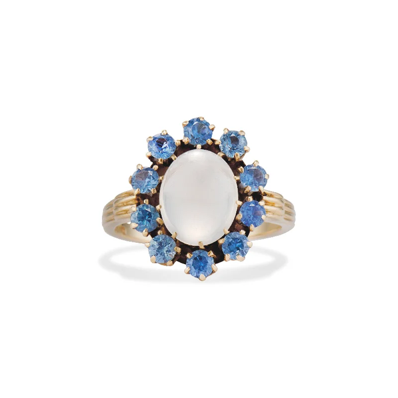 Milky Moonstone with Sapphire Halo Ring