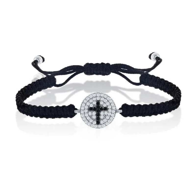 Sterling Silver Black CZ Cross on Black Macrame Bracelet