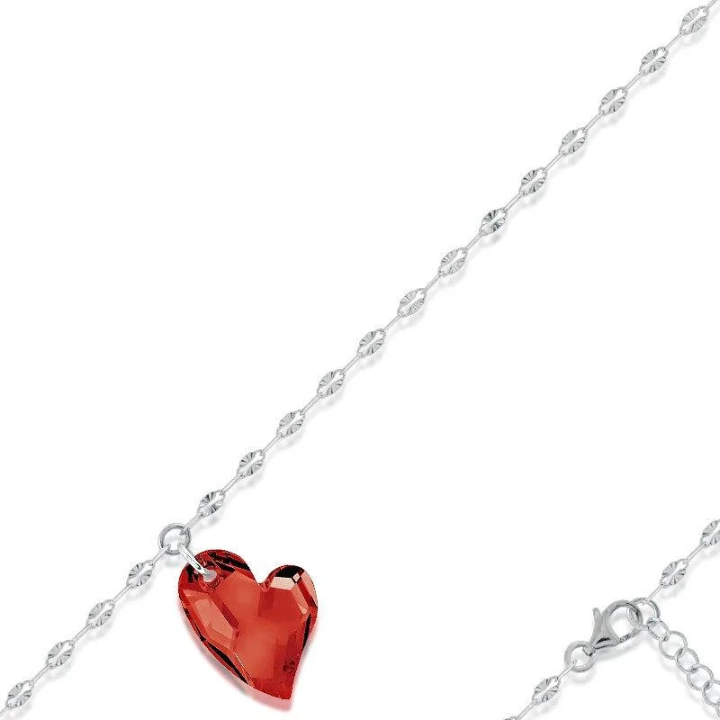 Sterling Silver Red Swarovski Crystal Heart Bracelet, 7"