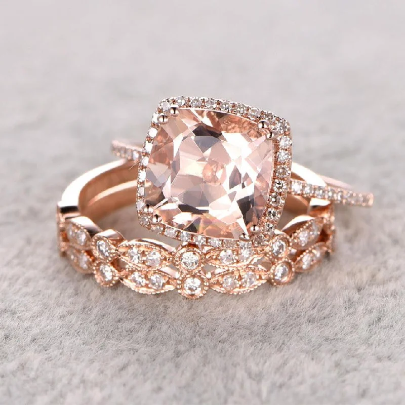 2.4 Carat Cushion Cut Peach Morganite Wedding Set Diamond Bridal Ring 14k Rose Gold Art Deco Half Eternity Band