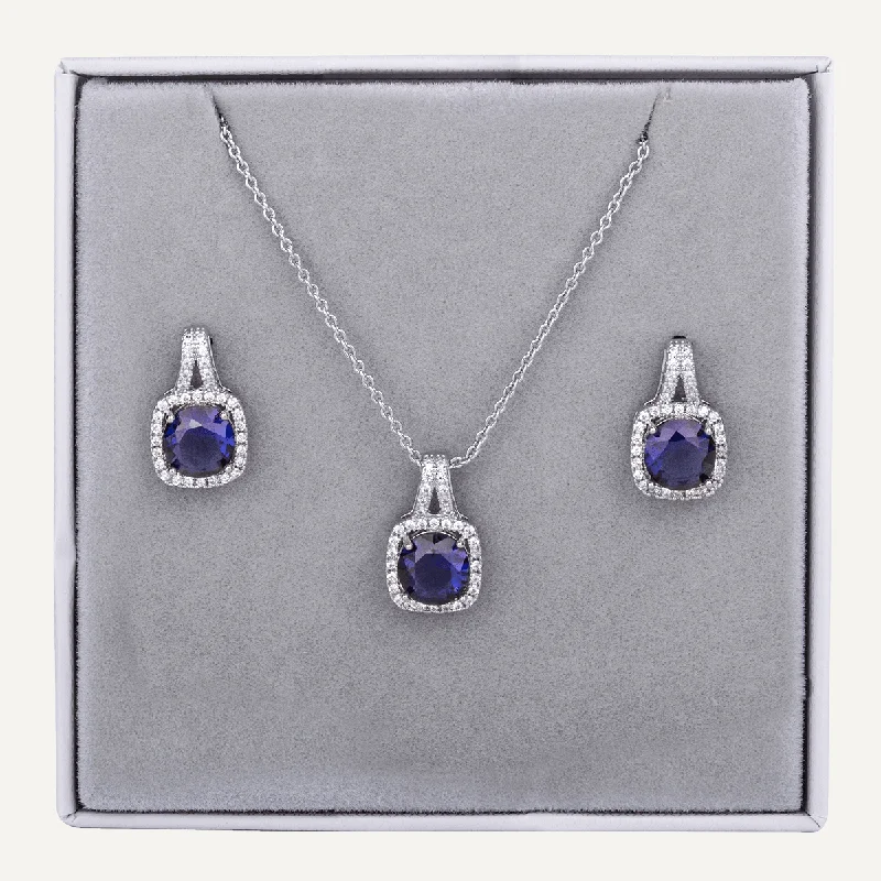 Crystal Pendant Necklace & Earring Box Set Blue & In Silver-Tone