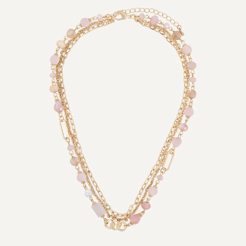 Pink Crystal & Natural Stone Multi-Layer Short Necklace In Gold-Tone