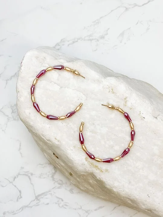 Gold Beaded Skinny Hoop Earrings - Burgundy