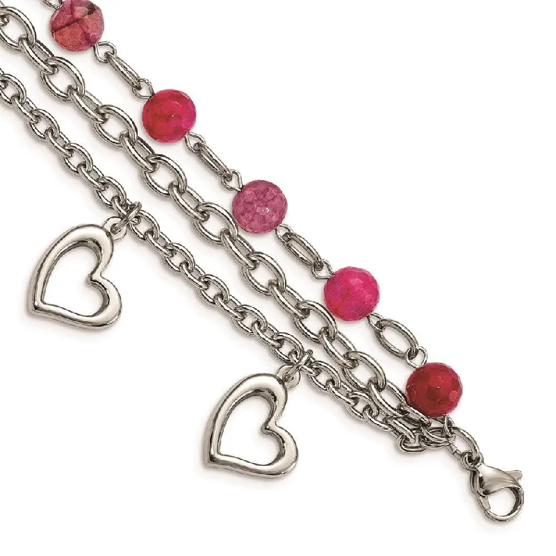 Stainless Steel Pink Agate w/Hearts Bracelet