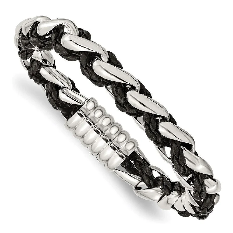 Stainless Steel Polished Black Leather Bracelet