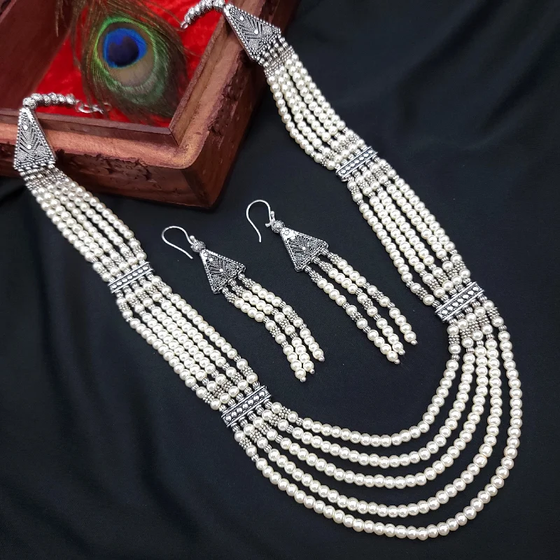 Handmade Oxidized German Silver Necklace Pearl Mala