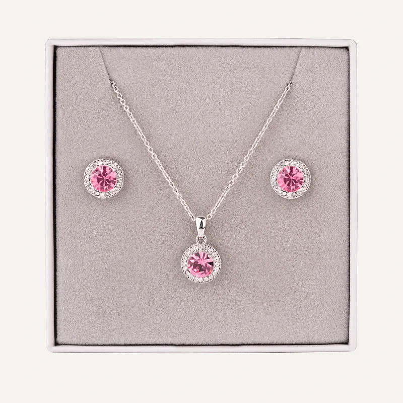 October Tourmaline-Colour Birthstone Necklace & Earring Set In Silver-Tone