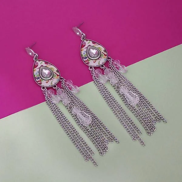 Urthn Rhodium Plated Pink Stone Chain Drop Tassel Earrings - 1311827F