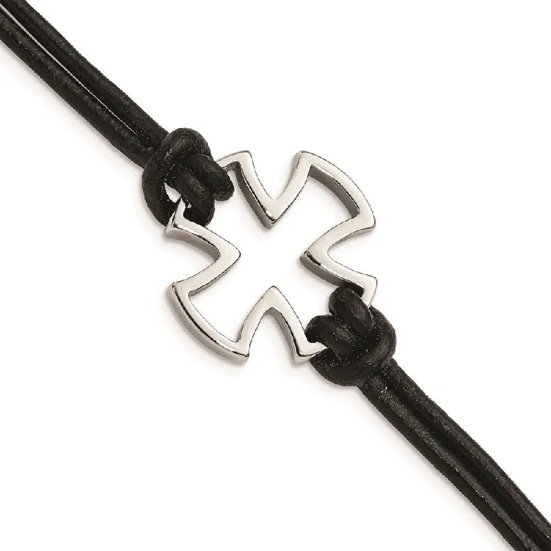 Stainless Steel Polished Cross Black Leather Bracelet