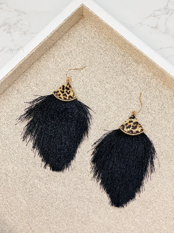 Leather Tassel Leopard Detail Earrings - Jet