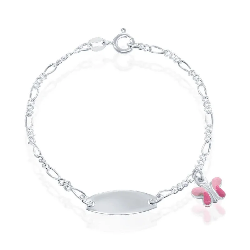 Sterling Silver Pink Butterfly Enamel Charm Kid-ID Bracelet, 6.5"