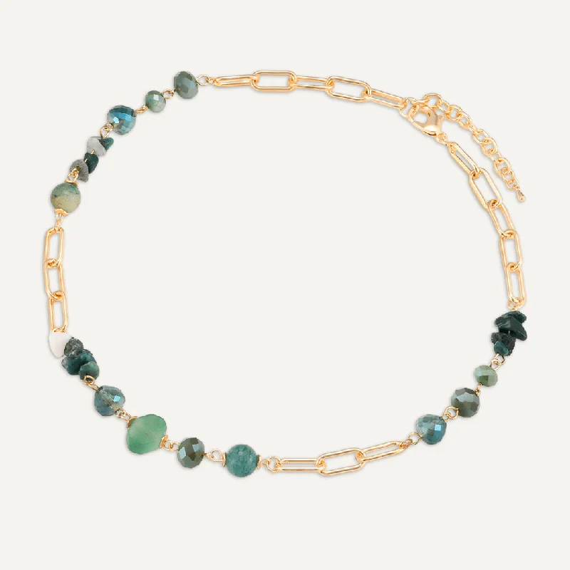 Chain Link Green Semi-Precious Stone & Crystal Short Necklace In Gold-Tone