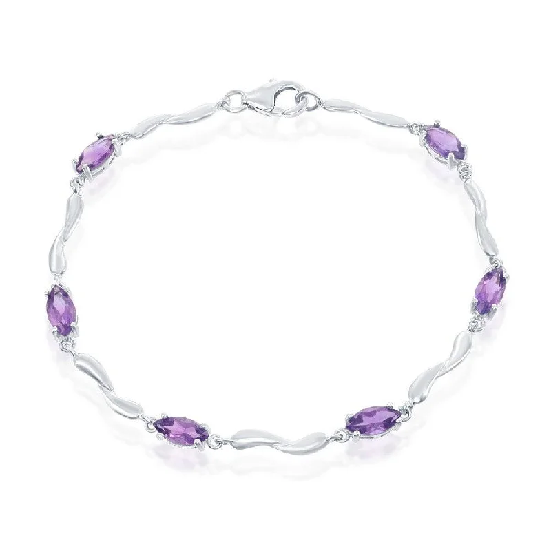 Sterling Silver Marquise Shaped Amethyst Gemstone Bracelet, 7.25"