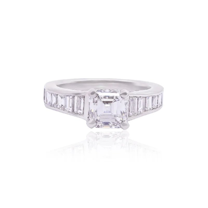 Henne Estate Platinum 1.51CT Asscher-CUT DIAMOND Engagement Ring WITH TRAPEZOID AND BAGUETTES