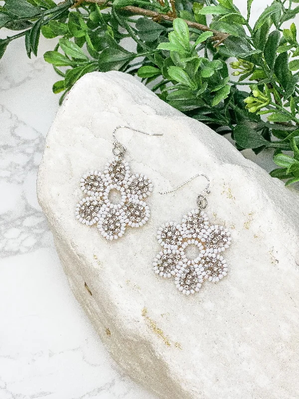 Glitzy Flower Beaded Dangle Earrings - White