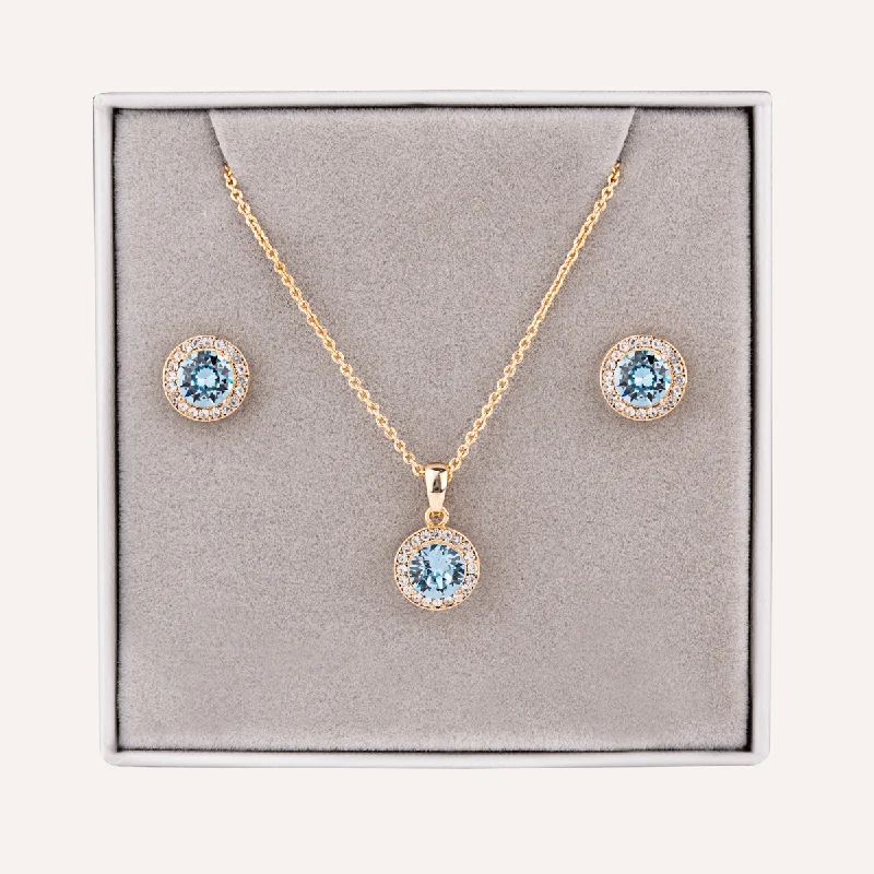 March Aquamarine-Colour Birthstone Necklace & Earring Set In Gold-Tone