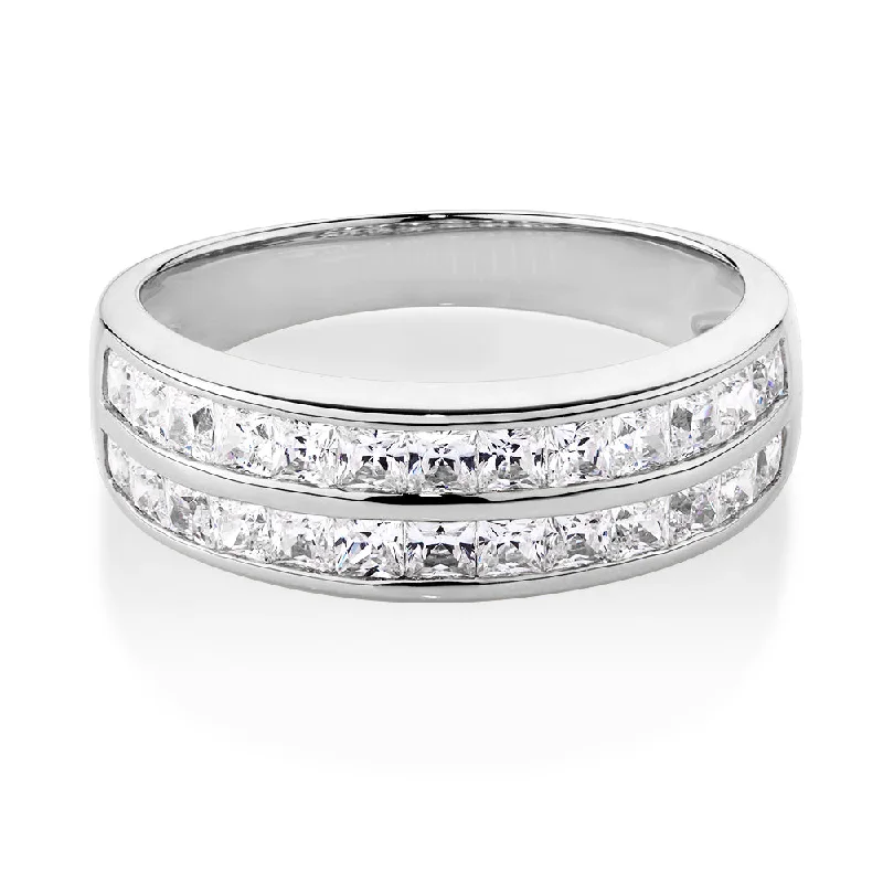 Wedding or eternity band with 1.56 carats* of diamond simulants in 10 carat white gold