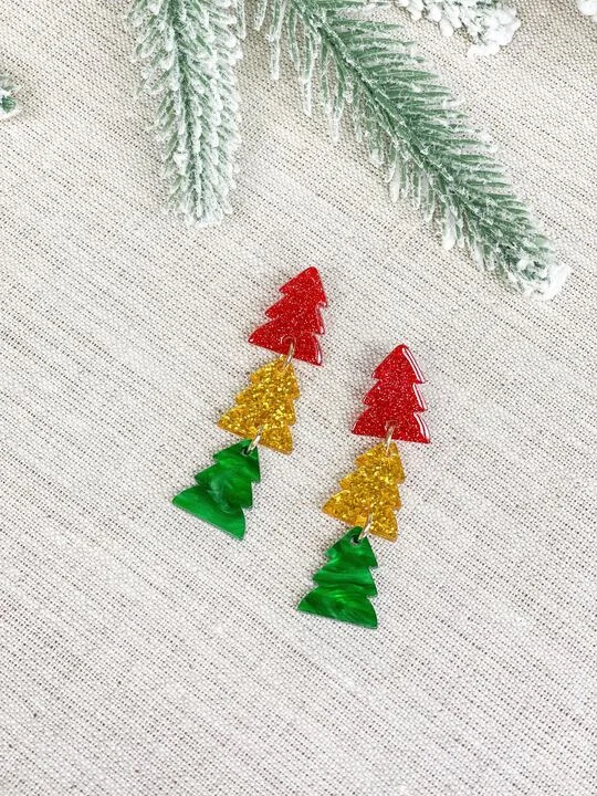 Acrylic Glitter Stacked Tree Dangle Earrings