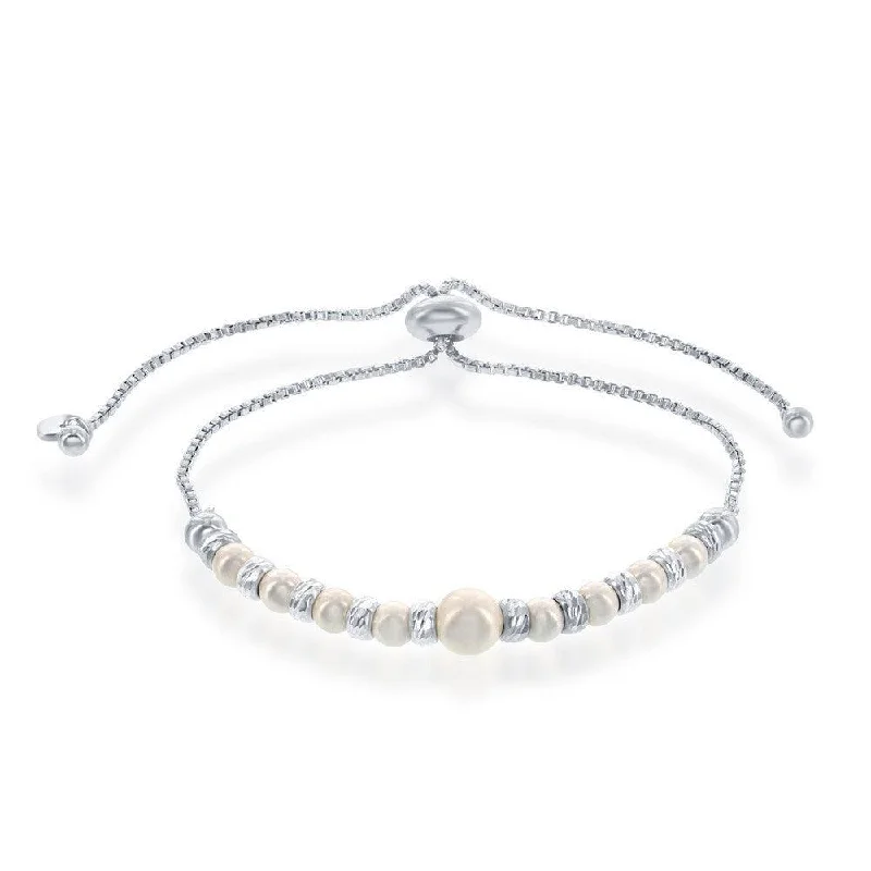 Sterling Silver Diamond Cut Beads and Pearls Adjustable Bracelet