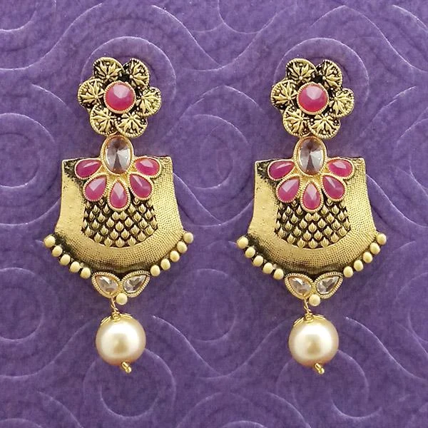 Kriaa Antique Gold Plated Pink Stone Dangler Earrings - 1312037B