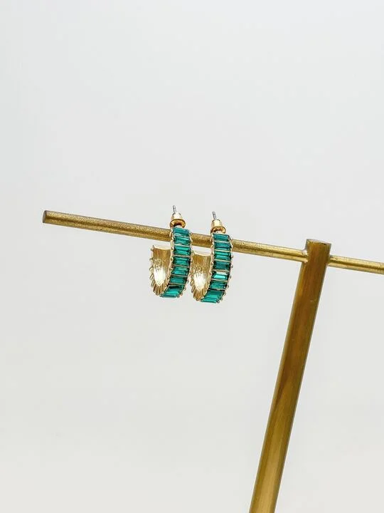 Petite Baguette Hoop Earrings - Emerald