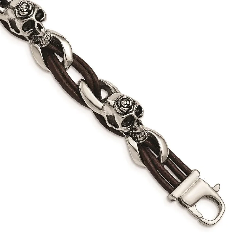 Stainless Steel Polished Skulls/Roses Brown Leather Bracelet