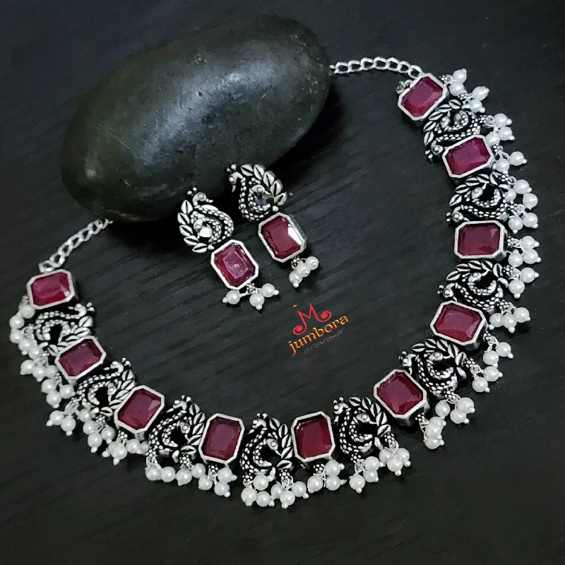 Peacock Oxidized German Silver Ruby Red Stone Necklace set