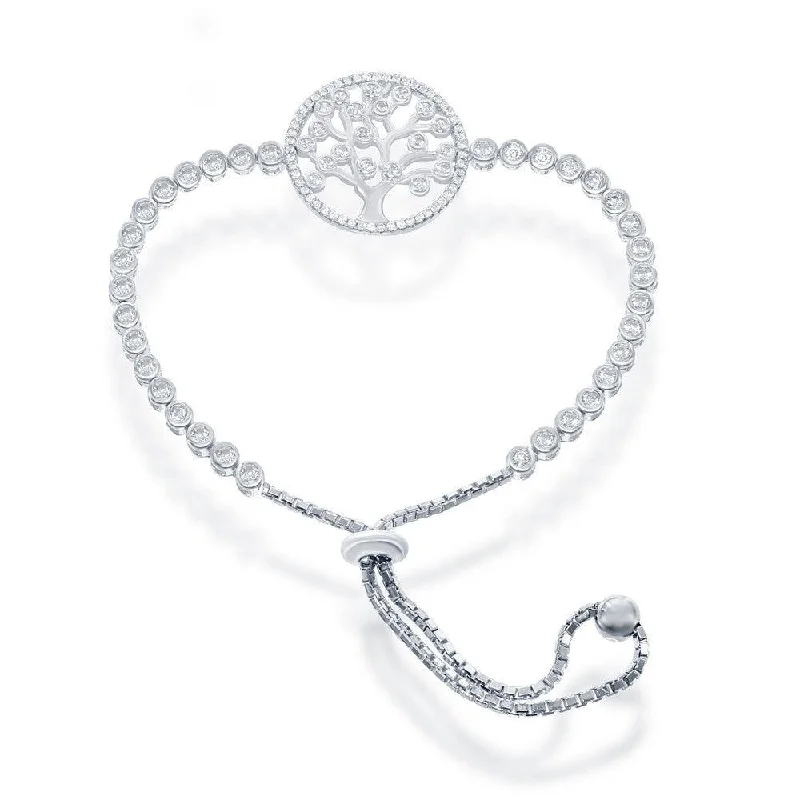 Sterling Silver Adjustable Round CZ Tree Bolo Bracelet