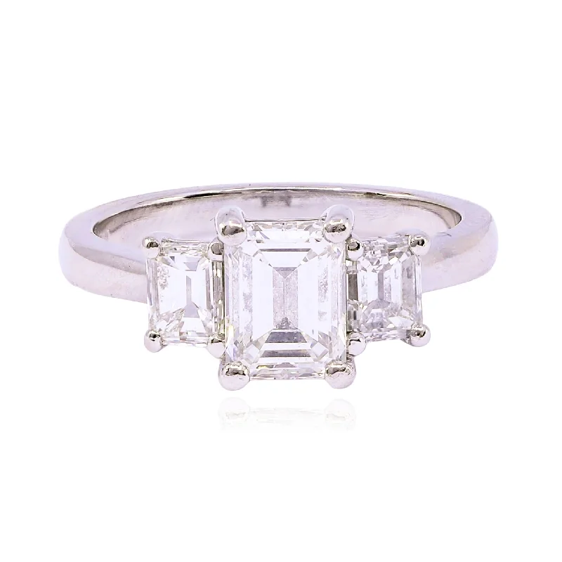 ESTATE PLATINUM THREE STONE EMERALD-CUT DIAMOND ENGAGEMENT RING - 2.12CTW