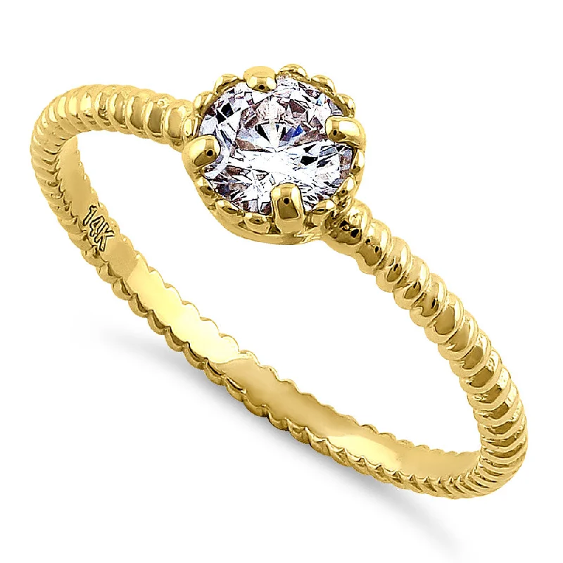 Solid 14K Yellow Gold Round Cut Rope CZ Ring