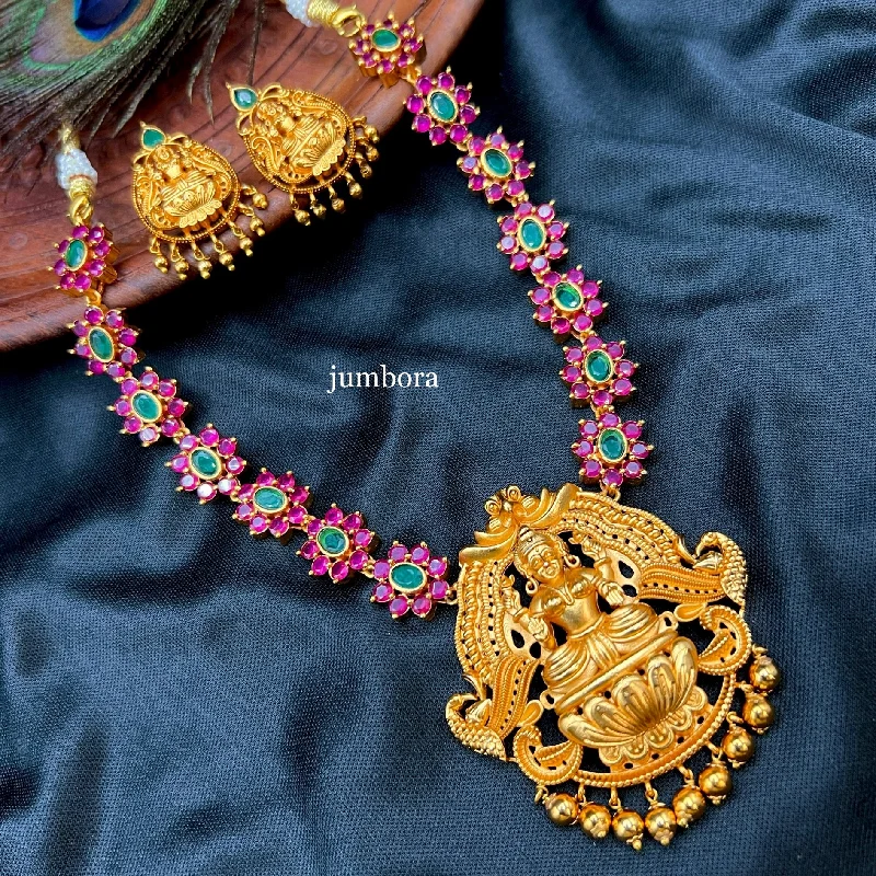 Temple Jewelry Nakshi Gold Ruby Emerald AD Lakshmi Necklace Set