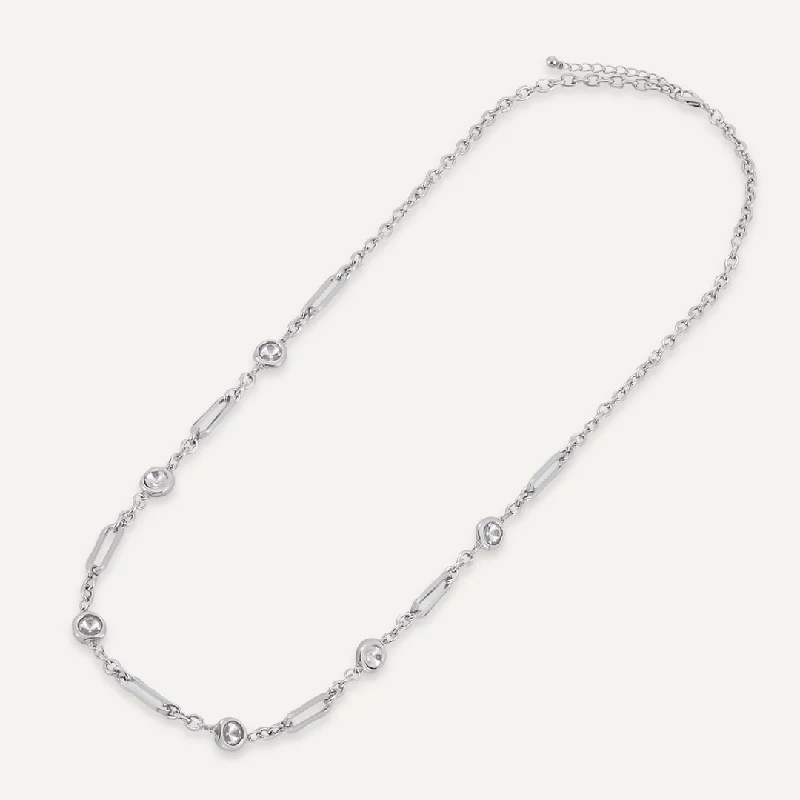 Long Contemporary Crystal Chain-Link Necklace In Silver-Tone