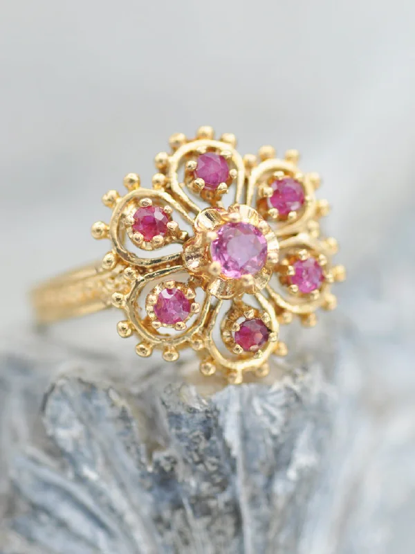 14K Antique Pink Sapphire Flower Ring