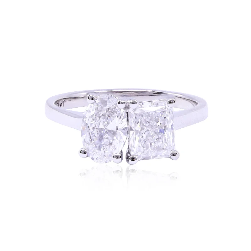 PLATINUM RADIANT AND OVAL DIAMOND TOI ET MOI ENGAGEMENT RING - 2.10CTW