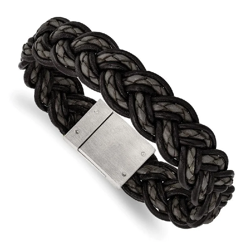 Stainless Steel Brushed Black and Grey Woven Leather Bracelet