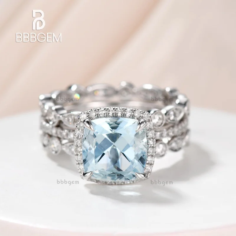 2.2 Carat Cushion Cut Aquamarine Bridal Set Diamond Wedding Ring 14k White Gold Full Eternity Art Deco Matching Band