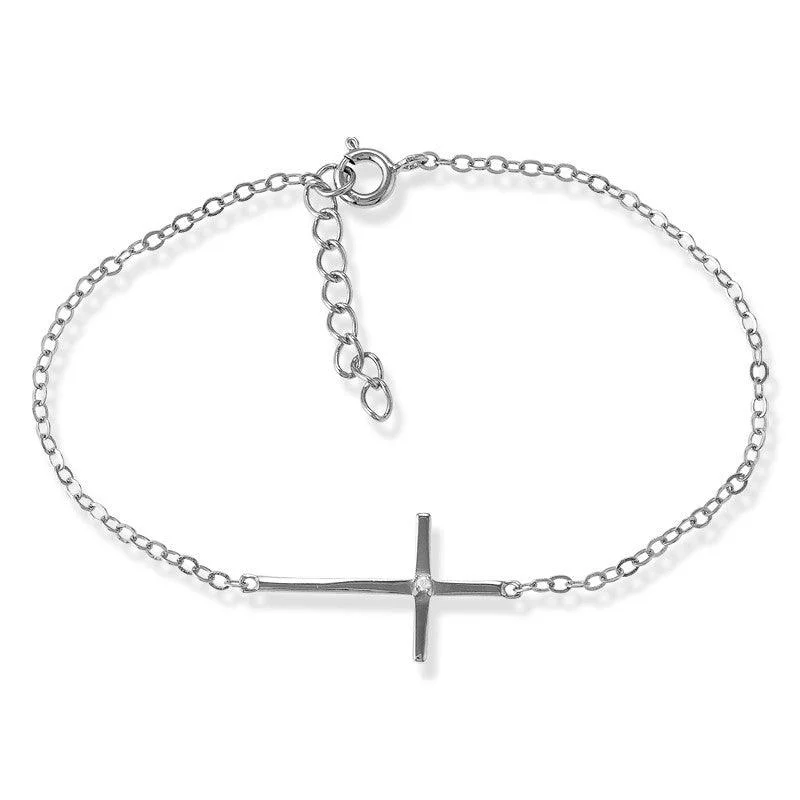 Sterling Silver Sideways Cross Single CZ Bracelet, 7"