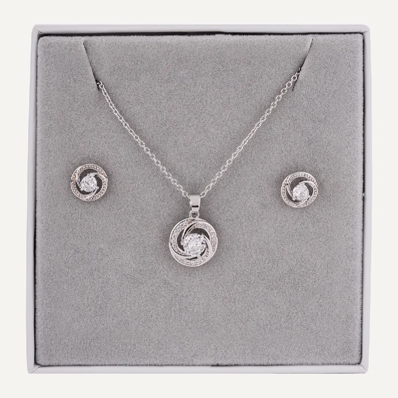 Curling Boxed Cubic Zirconia Necklace & Earring Jewellery Set In Silver-Tone