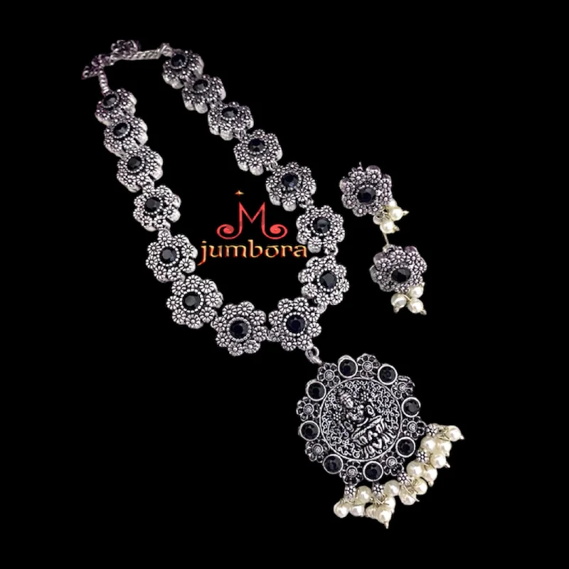 Lakshmi Oxidized German Silver Black AD Zircon Stone Necklace set