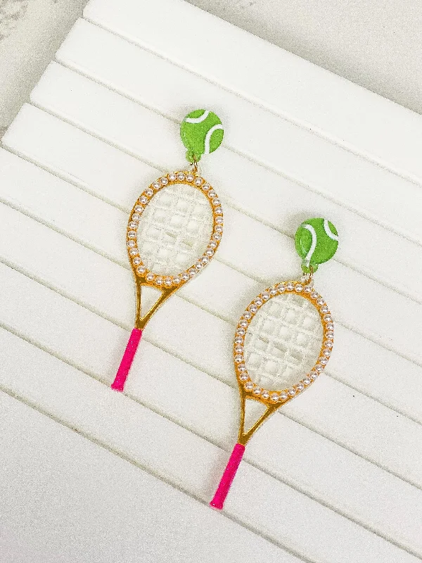 Pearl Tennis Racket Dangle Earrings