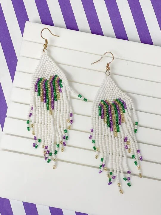 Mardi Gras Heart Beaded Tassel Earrings