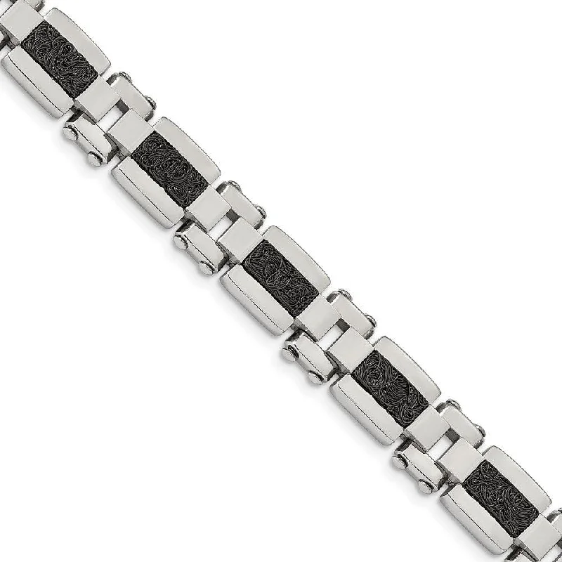 Stainless Steel Polished Black IP-plated Textured Wire Inlay 8.5in Bracelet