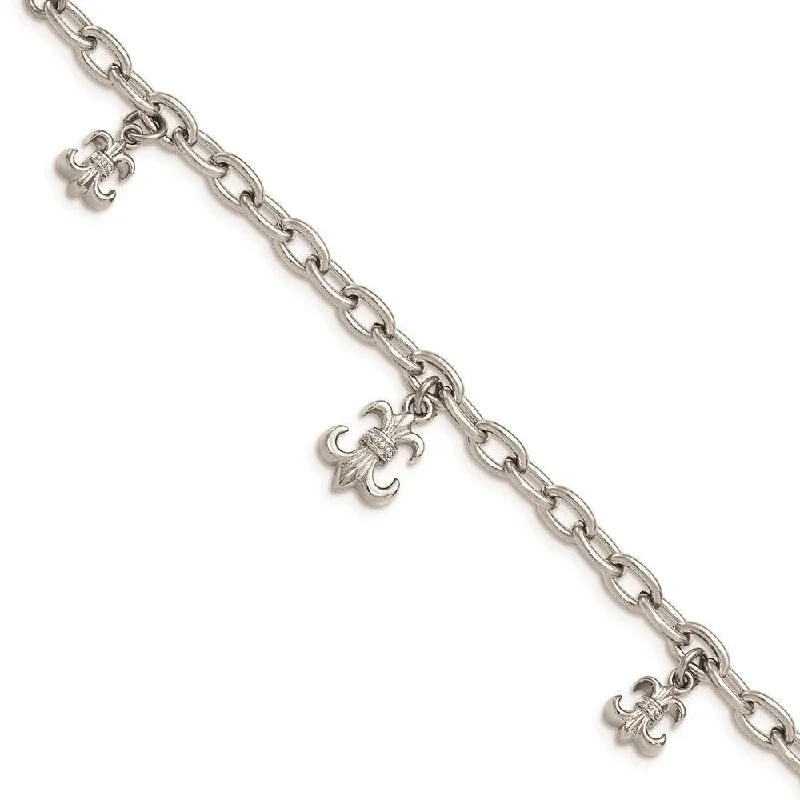 Stainless Steel Polished Fleur de Lis w/ 3 inch ext Bracelet