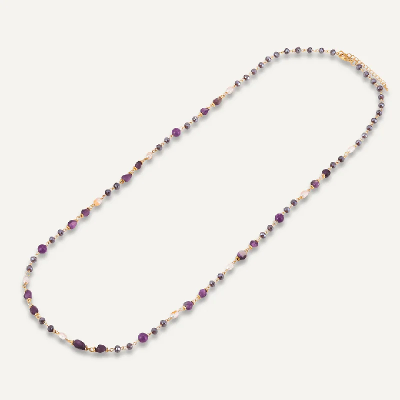 Purple Semi-Precious Stone, Crystal & Fresh Water Pearls Long Necklace In Gold-Tone