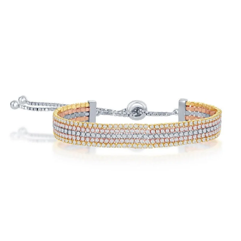 Sterling Silver Tri-Color Five Strand Tennis Adjustable Bracelet