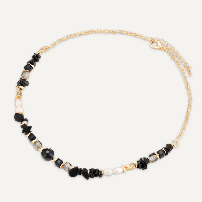 Black Semi-Precious Stone, Crystal, & Fresh Water Pearl Short Necklace In Gold-Tone