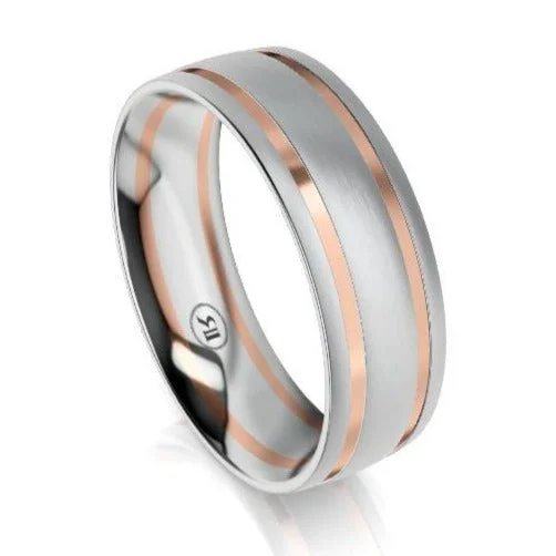 The Salisbury White and Rose Gold Grooved Mens Wedding Ring