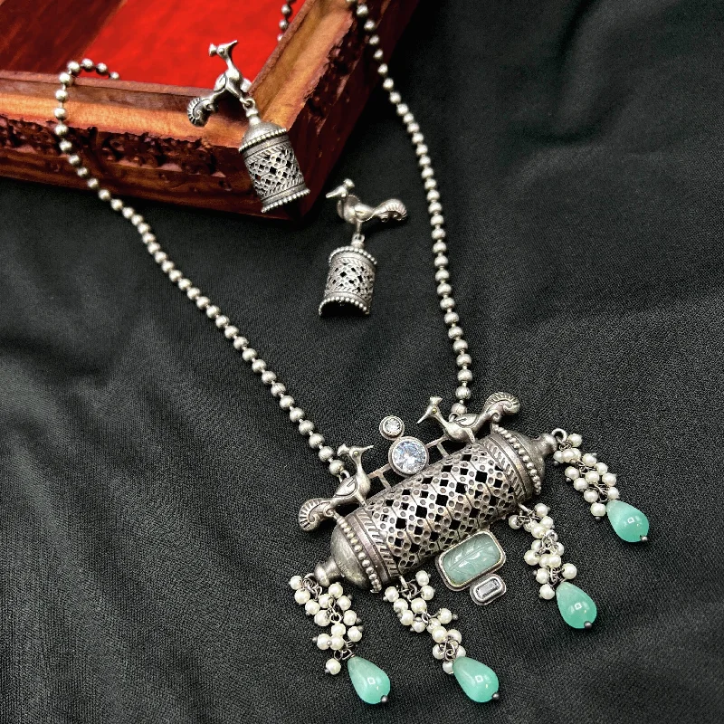 Mint Green German Silver Oxidized Mala Necklace Set